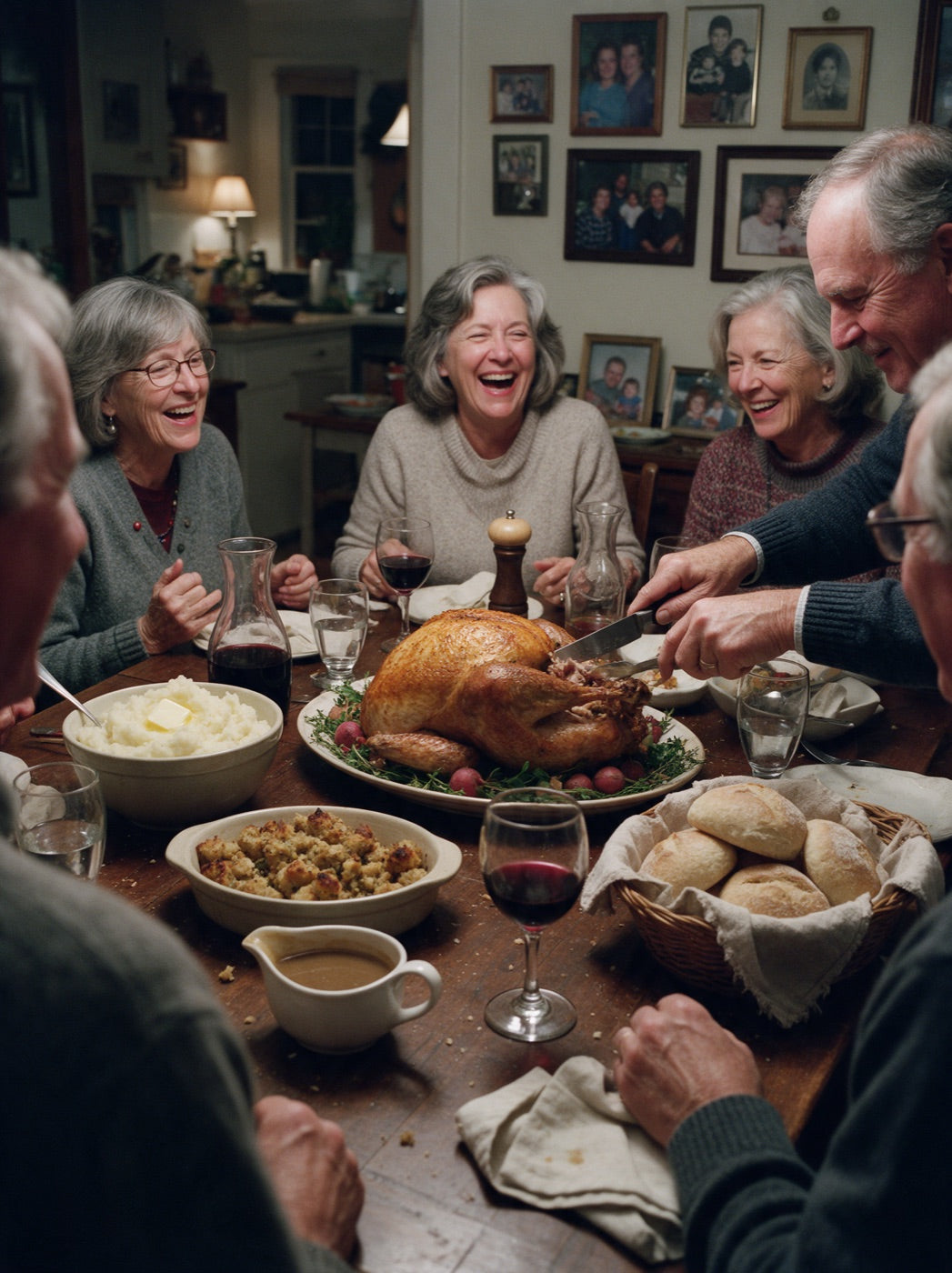 Friends laughing around a holiday dinner table