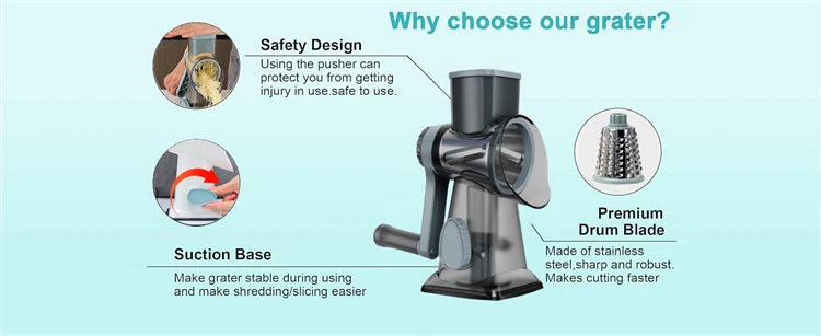 3 in 1 Rotary Cheese Grater Versatile Manual Vegetable Slicer Peanut Nuts Grinder Cheese Vegetable Shredder Clear