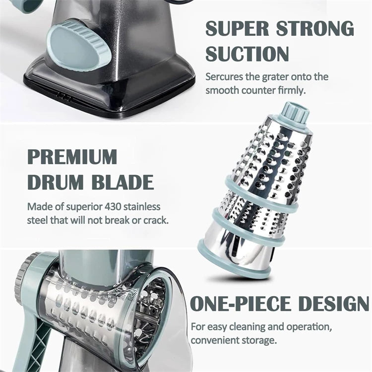 3 in 1 Rotary Cheese Grater Versatile Manual Vegetable Slicer Peanut Nuts Grinder Cheese Vegetable Shredder Clear
