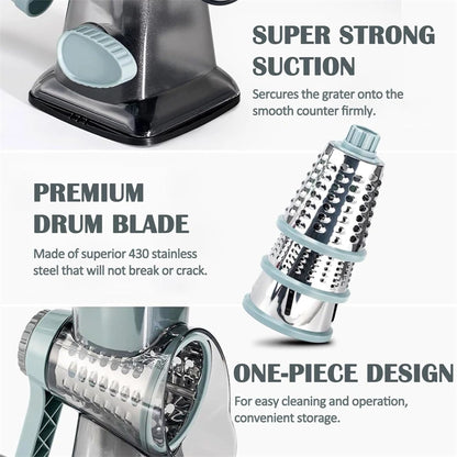 3 in 1 Rotary Cheese Grater Versatile Manual Vegetable Slicer Peanut Nuts Grinder Cheese Vegetable Shredder Clear