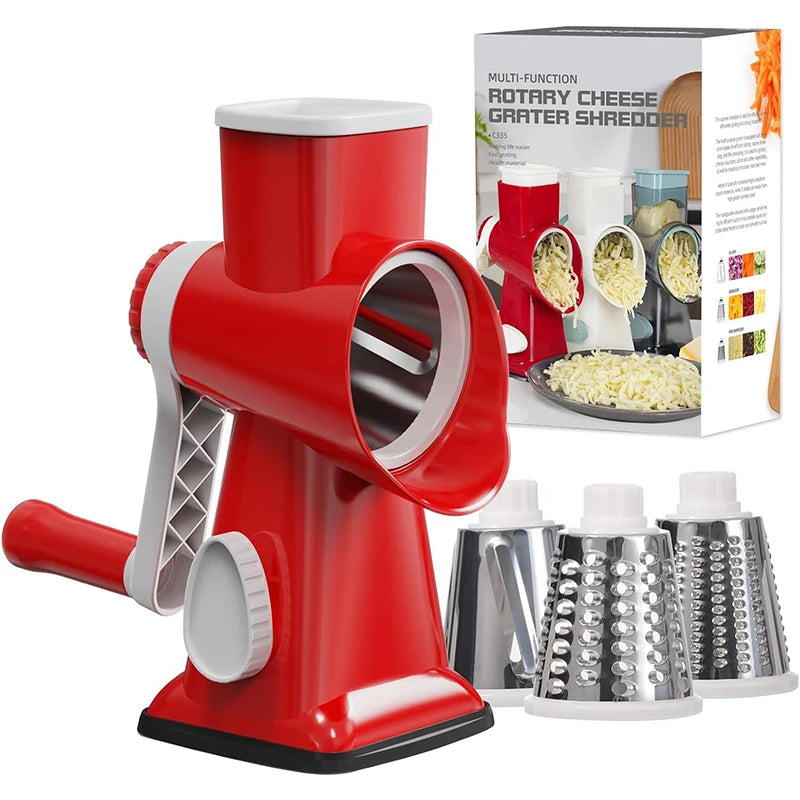 3 in 1 Rotary Cheese Grater Versatile Manual Vegetable Slicer Peanut Nuts Grinder Cheese Vegetable Shredder Clear