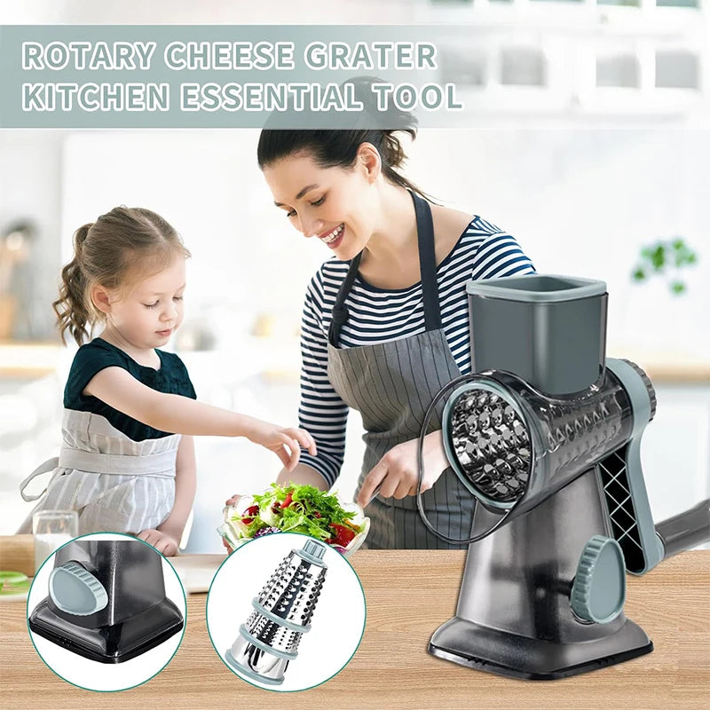 3 in 1 Rotary Cheese Grater Versatile Manual Vegetable Slicer Peanut Nuts Grinder Cheese Vegetable Shredder Clear
