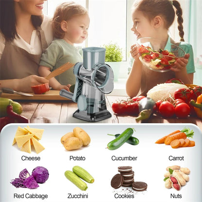 3 in 1 Rotary Cheese Grater Versatile Manual Vegetable Slicer Peanut Nuts Grinder Cheese Vegetable Shredder Clear