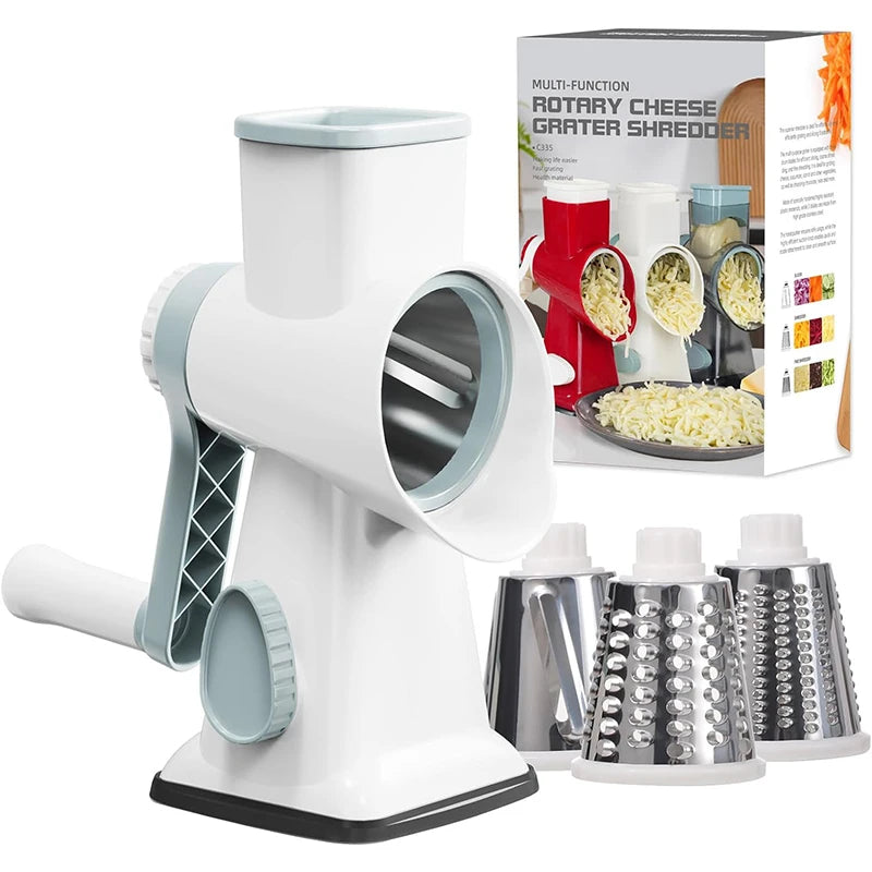 3 in 1 Rotary Cheese Grater Versatile Manual Vegetable Slicer Peanut Nuts Grinder Cheese Vegetable Shredder Clear