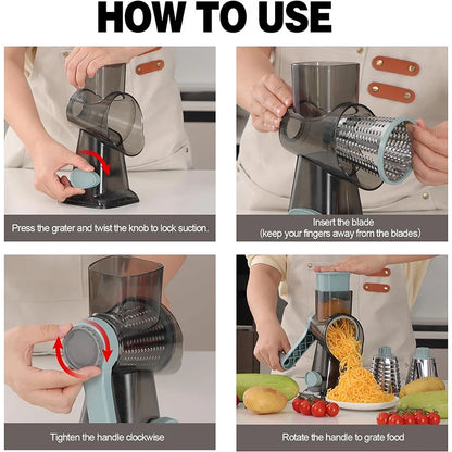 3 in 1 Rotary Cheese Grater Versatile Manual Vegetable Slicer Peanut Nuts Grinder Cheese Vegetable Shredder Clear