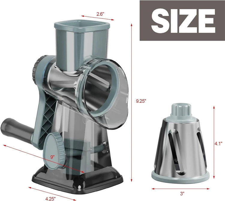 3 in 1 Rotary Cheese Grater Versatile Manual Vegetable Slicer Peanut Nuts Grinder Cheese Vegetable Shredder Clear