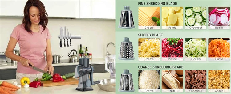 3 in 1 Rotary Cheese Grater Versatile Manual Vegetable Slicer Peanut Nuts Grinder Cheese Vegetable Shredder Clear