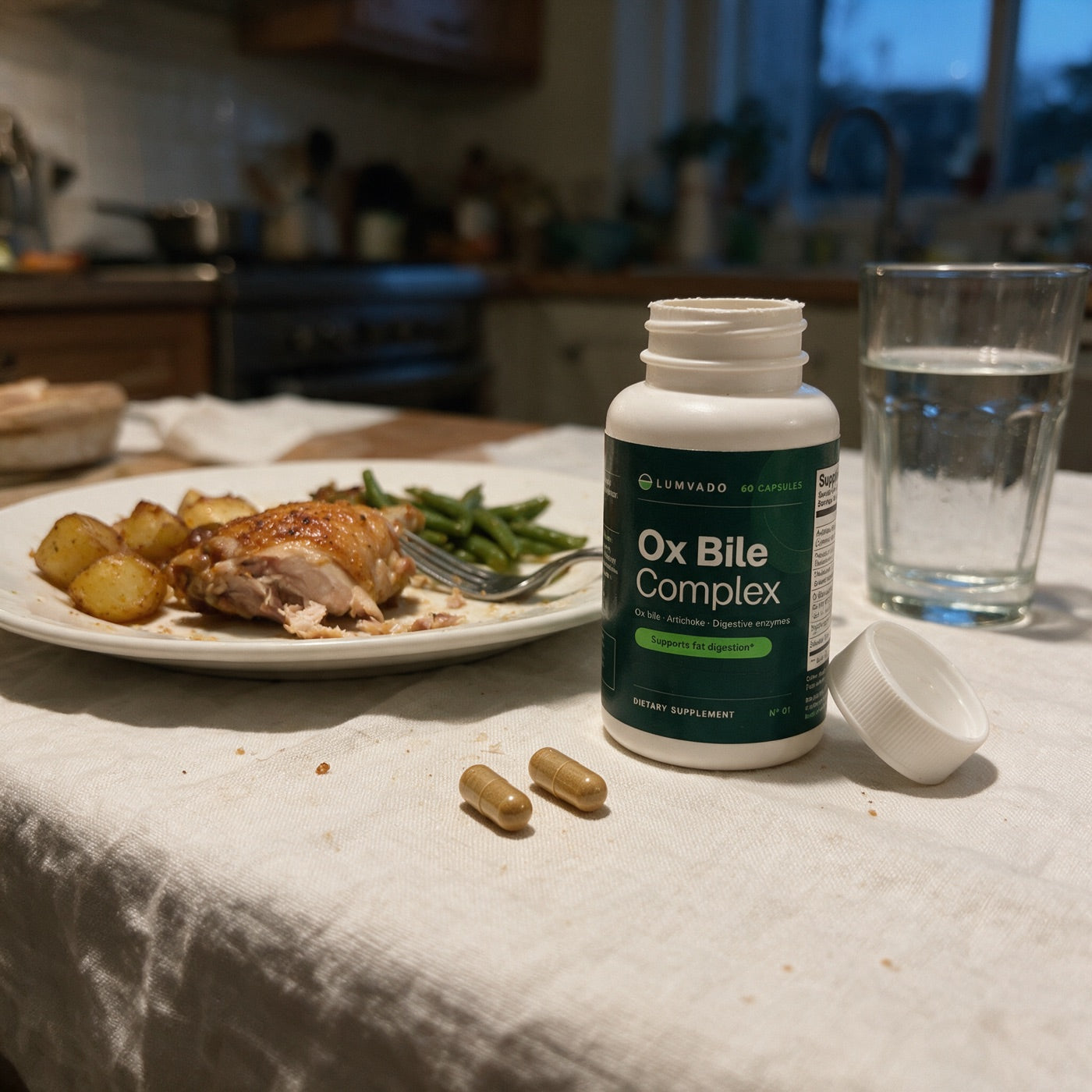 Two Lumvado capsules beside a dinner plate