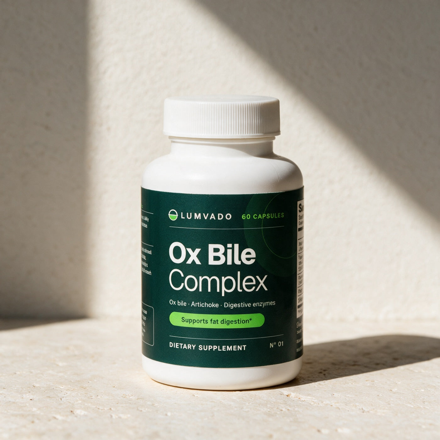 The Lumvado Ox Bile Complex bottle in daylight