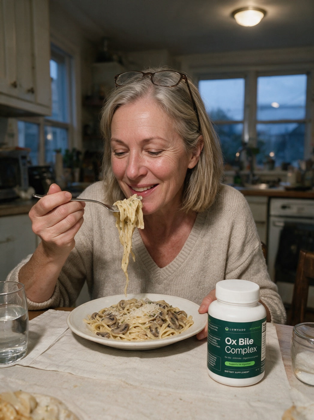 A woman in her 50s at a dinner table with a rich meal and the Lumvado bottle