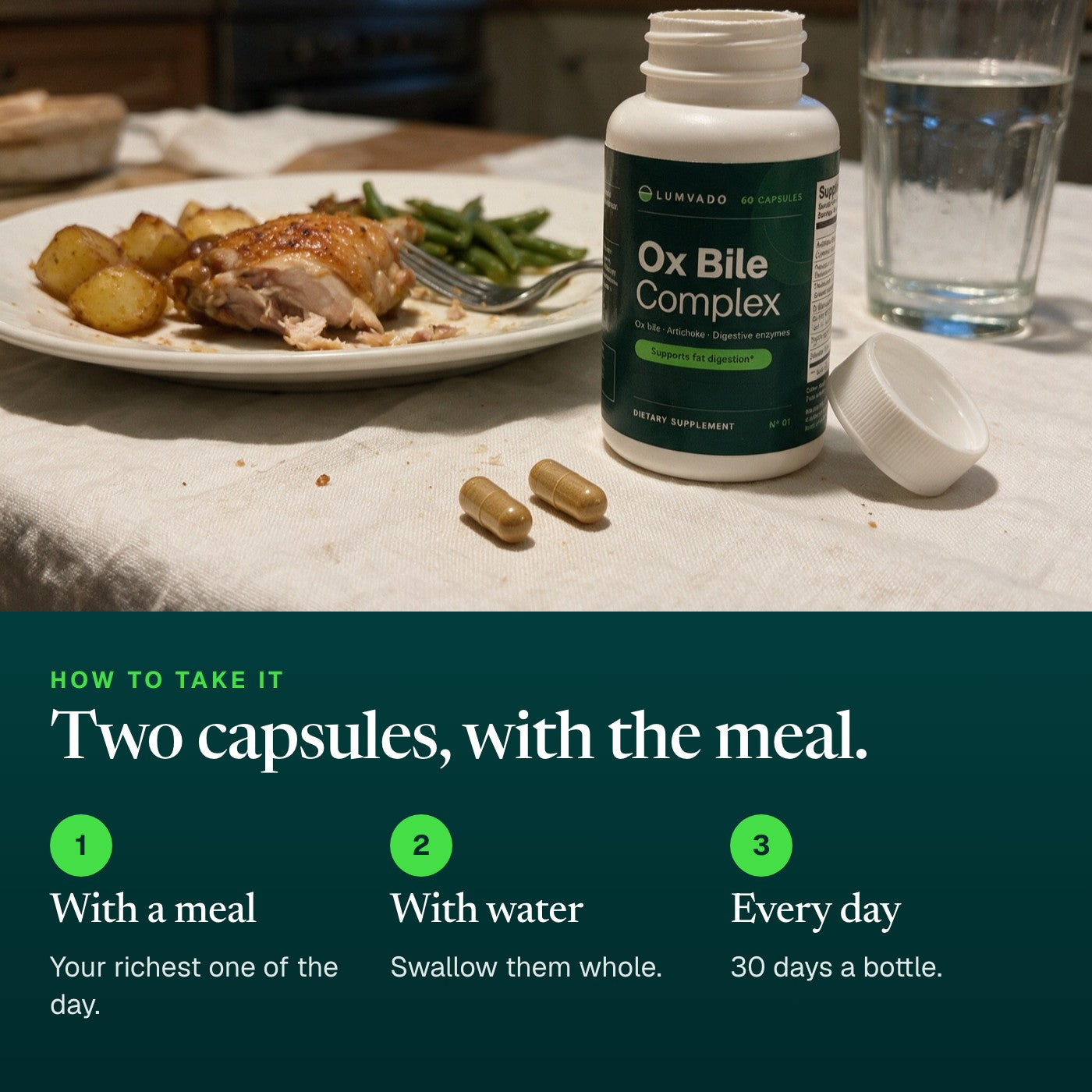How to take it: two capsules with your main meal and a glass of water, every day