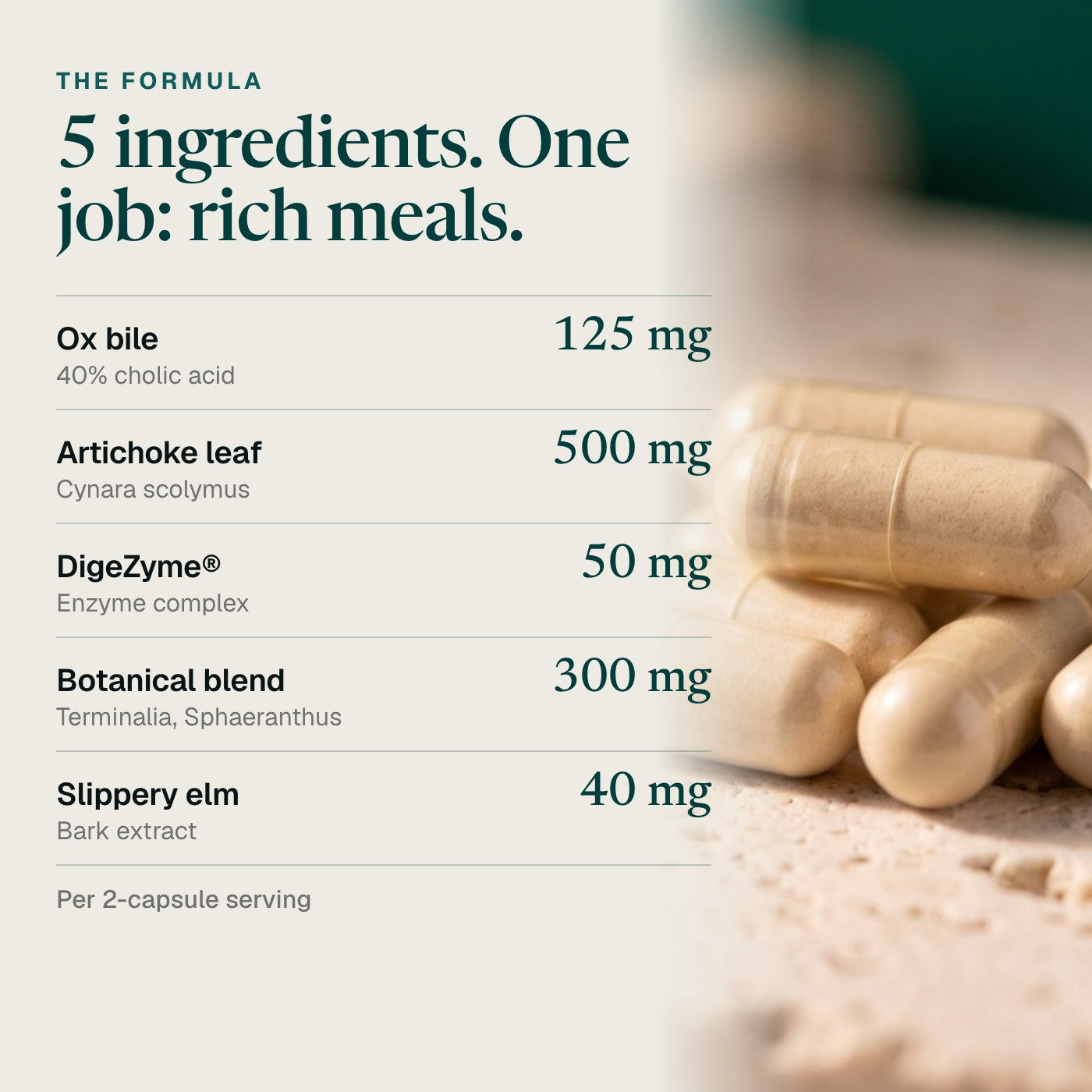 The formula: ox bile 125 mg, artichoke leaf extract 500 mg, DigeZyme 50 mg, a botanical blend 300 mg and slippery elm 40 mg per 2-capsule serving